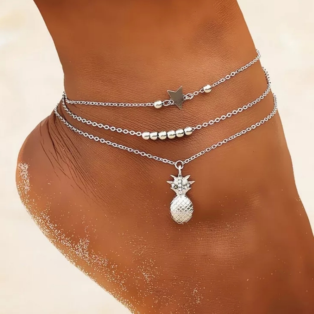 3 Layered Pineapple Charm Pendant Ankle Bracelet
